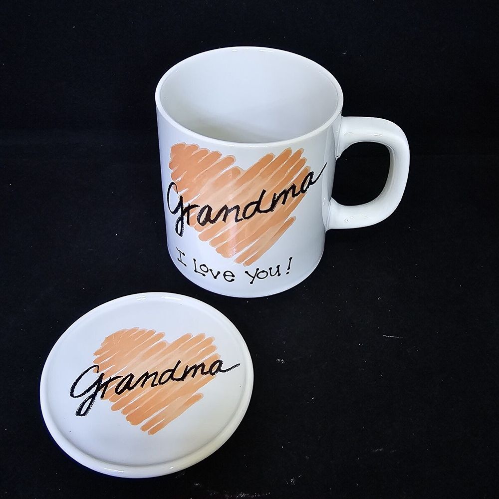 Vintage‎ 80s Mt Clemens Pottery I Love You Grandma 8oz Coffee Mug w/ Coaster Lid